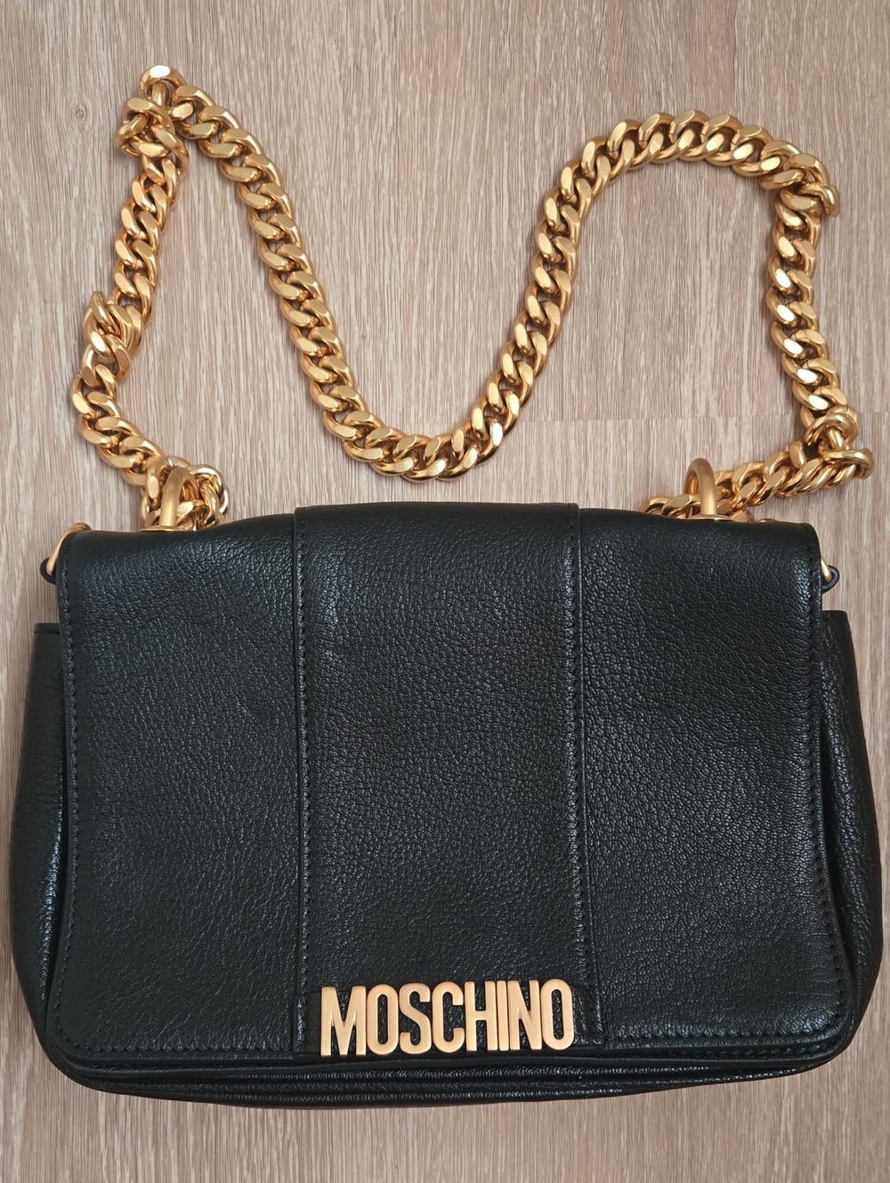 Moschino Black Leather Shoulder Bag with Gold Chain Logo
